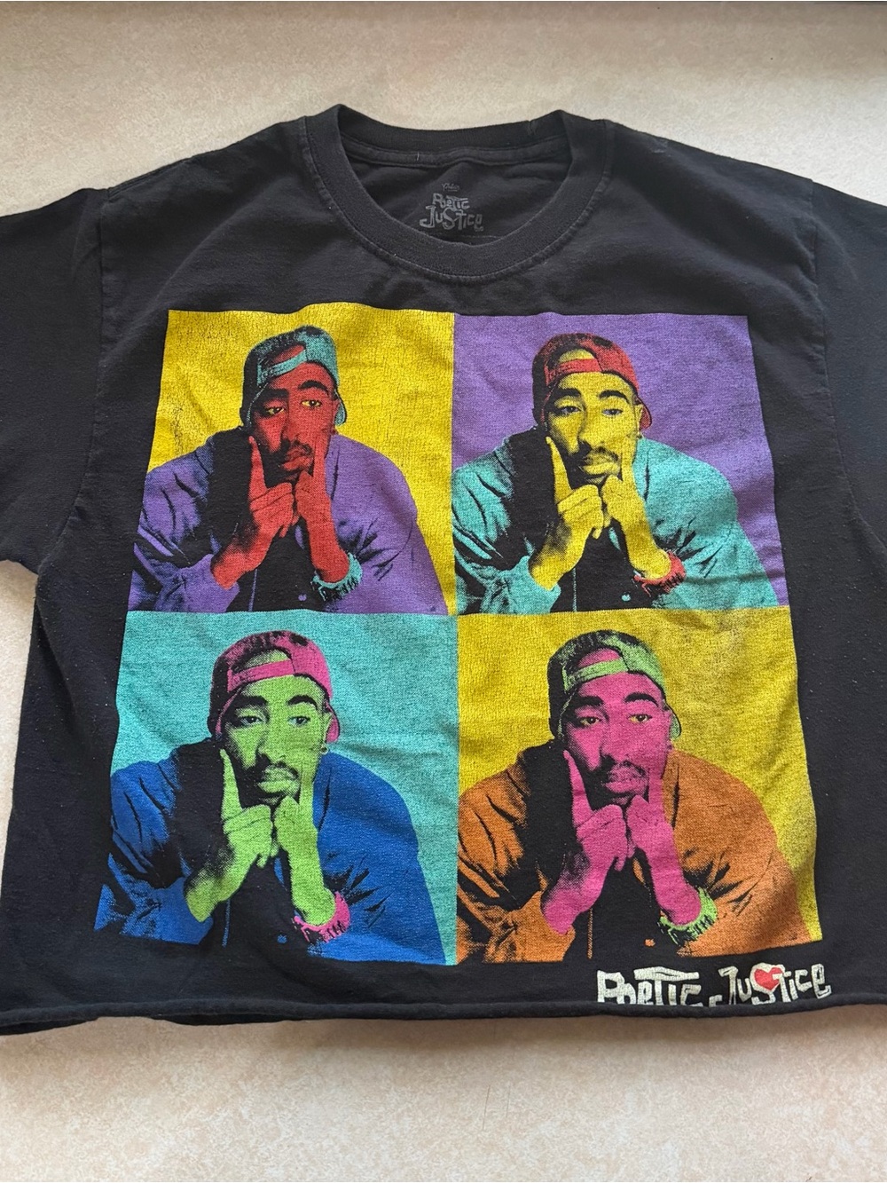 Poetic Justice Tupac Shakur Pop Art Cropped Graphic Tee Black Small 90’s Vibes